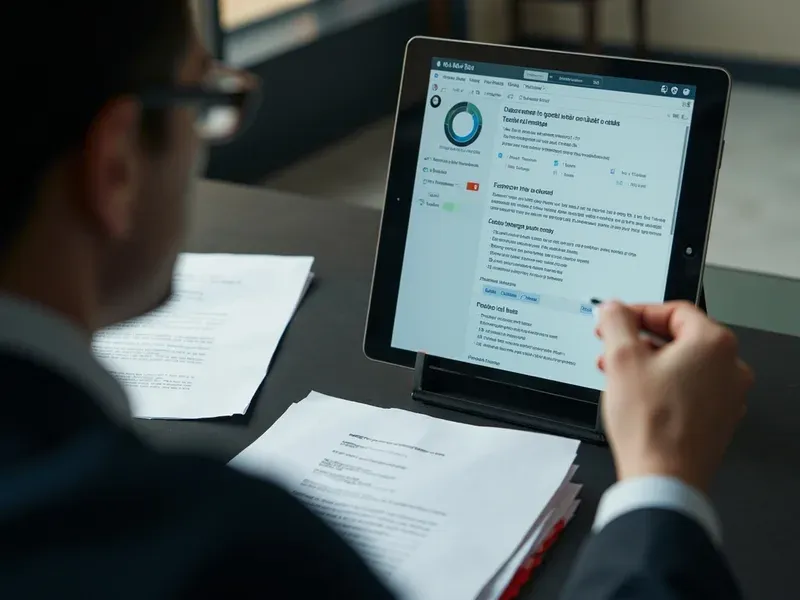 Advogada revisando documentos jurídicos ao lado de uma interface de assistente de inteligência artificial