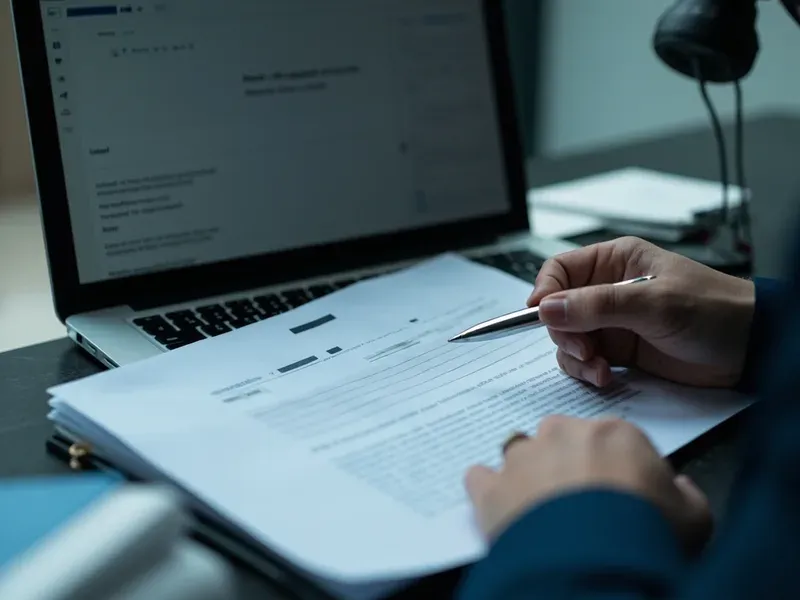 Advogada confere cláusulas de um contrato ao lado de uma matriz de riscos exibida na tela