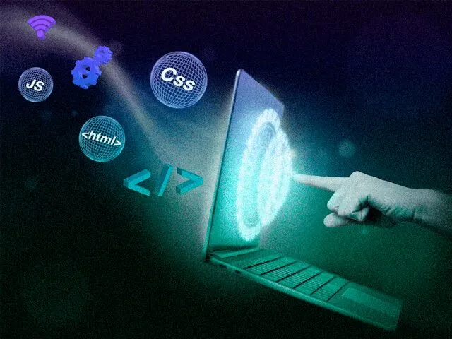 Mão apontando para laptop com ícones de programação.