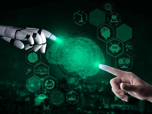 Interação entre robô e humano, representando aplicações de PLN em ambientes corporativos