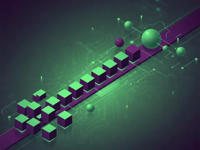 Ilustração digital moderna com blocos de dados cúbicas verdes e esferas roxas e verdes se organizando em uma linha e formando conexões em uma rede. O fundo escuro possui um padrão de circuito, e a paleta de cores verde e roxo vibrantes transmite ordem e eficiência na organização de dados.