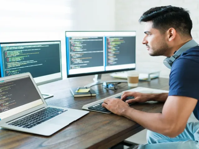 Desenvolvedor em escritório com três monitores escrevendo códigos para software