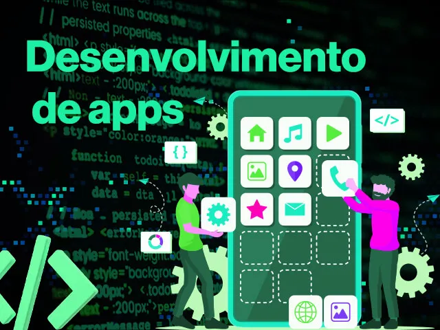 Equipe da Mestres da Web discutindo o desenvolvimento de aplicativos em mesa de trabalho
