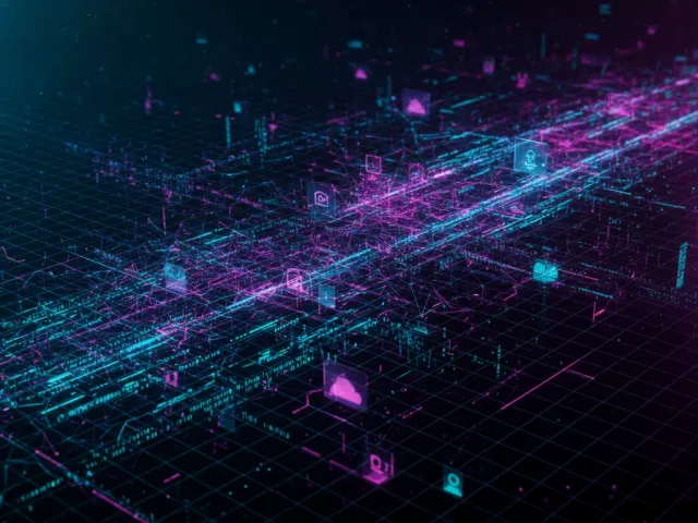 Visualização abstrata de uma rede digital em perspectiva, brilhando com luzes neon roxas e cianas. Ícones de nuvem, documentos e usuários flutuam sobre linhas de dados, sugerindo conectividade e fluxo de informação em ambiente de tecnologia.