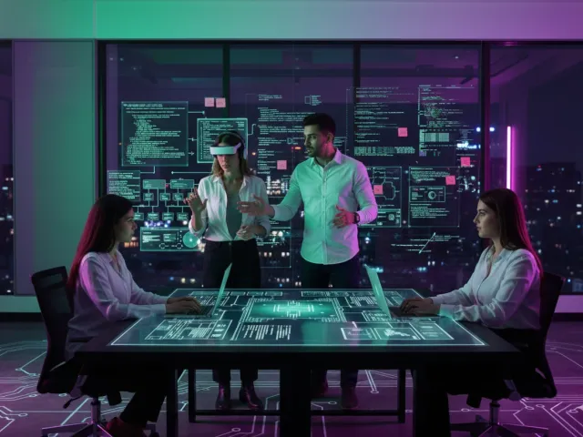 Profissionais de tecnologia em sala de reuniões futurista usando realidade virtual e interfaces holográficas para trabalhar com dados e código.