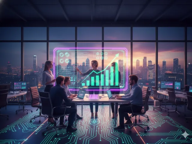 Equipe de profissionais reunida em sala moderna com projeção holográfica de dados e circuitos iluminados