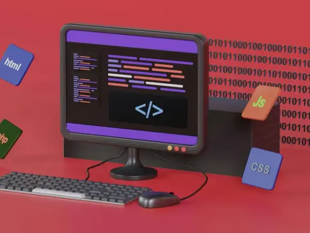 Computador com códigos na tela e fundo vermelho simbolizando erros e perigos