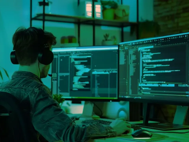 Programador desenvolvendo software em um escritório moderno com múltiplos monitores