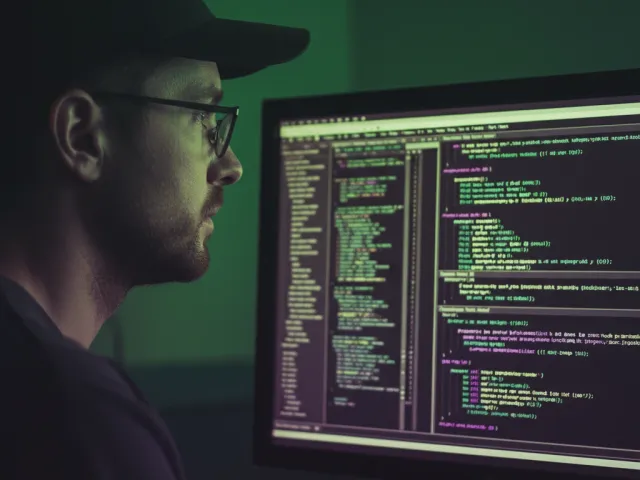 Programador usando óculos e boné, sentado de perfil em frente a múltiplos monitores com linhas de código em tons verdes e roxos escuros, em atmosfera de desenvolvimento.