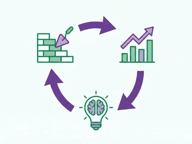 Diagrama do ciclo de MVP mostrando as etapas de construir, medir e aprender, usadas para validar ideias de software com baixo risco.