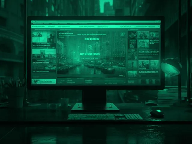 Computador exibindo site em ambiente urbano iluminado