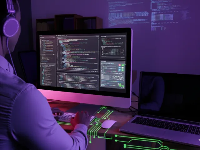Desenvolvedor de software trabalhando em frente a um monitor que exibe linhas de código, com iluminação em tons de roxo e verde neon