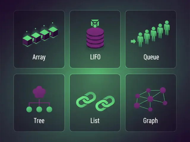 Infográfico em estilo flat design com seis ícones, cada um representando um tipo de estrutura de dados: 'Array' (caixas conectadas em linha), 'LIFO' (pilha de discos), 'Queue' (fila de pessoas), 'Tree' (organograma simples), 'List' (elos de corrente) e 'Graph' (pontos conectados por linhas). As cores predominantes são tons de verde e roxo em um fundo minimalista.