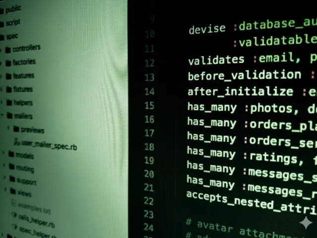 Linhas de código CSS com efeito de zoom desfocado, divididas em espectro de cores vibrantes: metade verde neon e metade roxo intenso, criando atmosfera tecnológica e dinâmica.