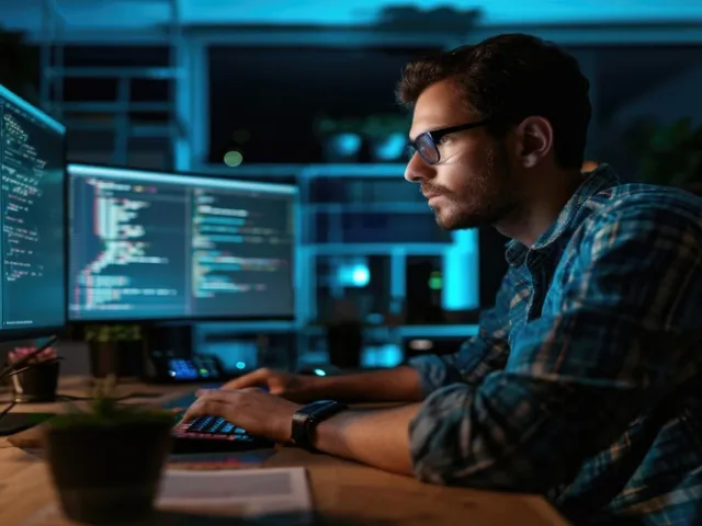 Desenvolvedor analisando dashboards de CRM em três monitores