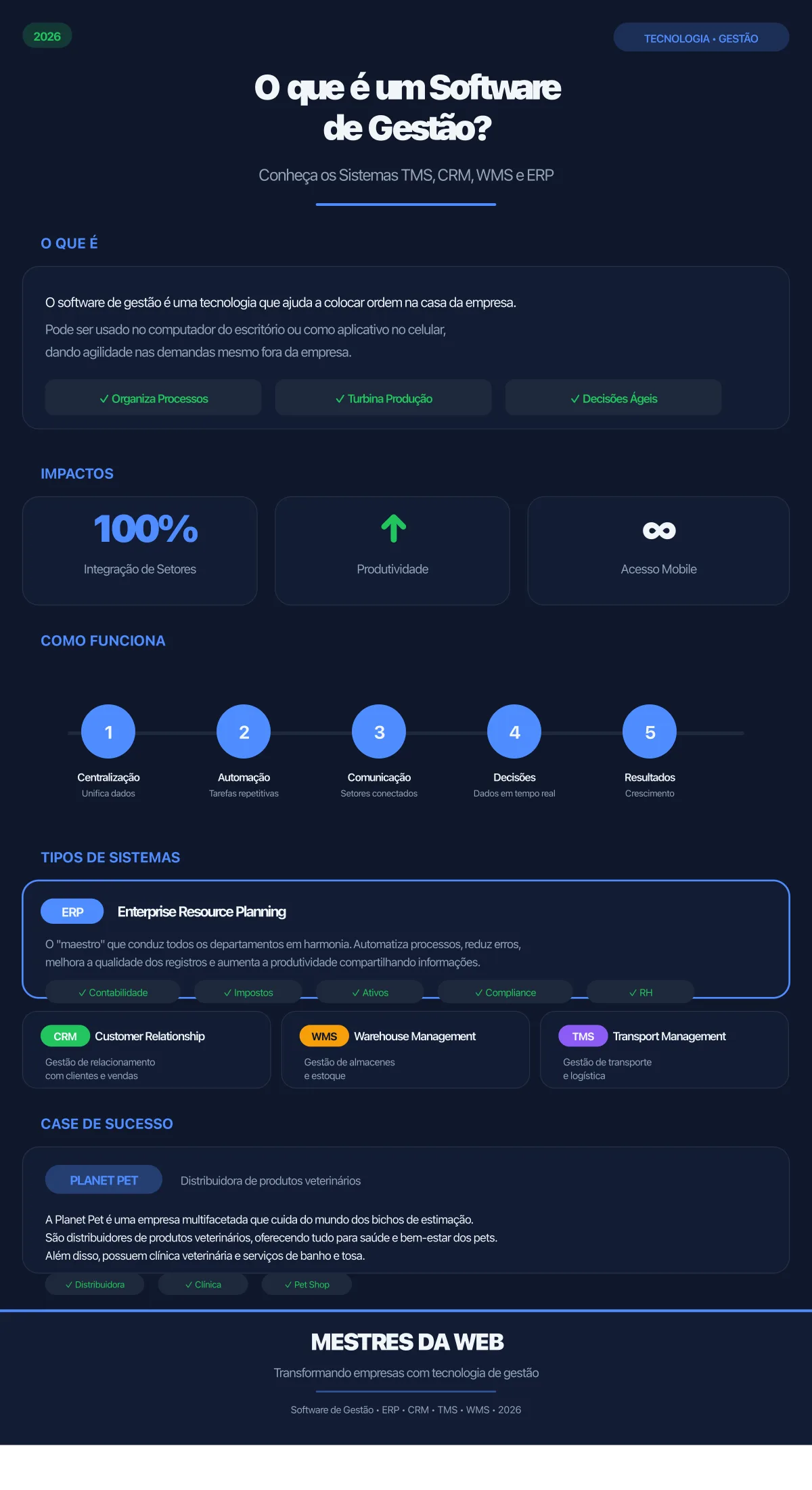O que é um Software de Gestão? Conheça os Sistemas TMS, CRM, WMS e ERP - Infográfico 2026
