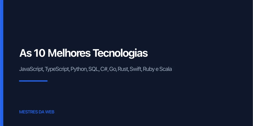 Tela com códigos de programação das dez melhores tecnologias de 2026: JavaScript, TypeScript, Python, SQL, C#, Go, Rust, Swift, Ruby e Scala