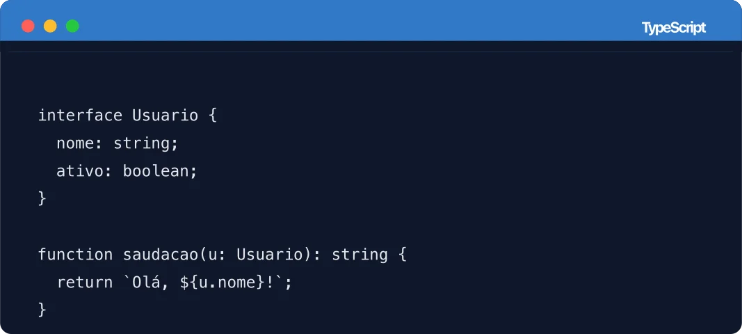 Editor de código exibindo função TypeScript com tipagem estática e IntelliSense