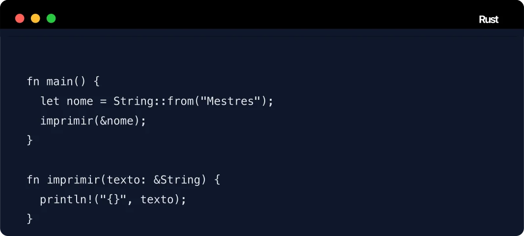 Código Rust em editor exibindo gerenciamento de memória seguro sem garbage collector