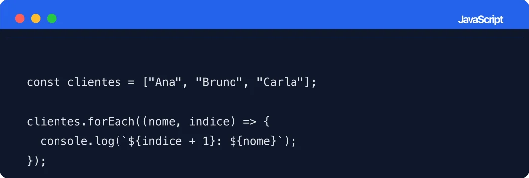 Exemplo de código JavaScript usando a função forEach para percorrer um array de clientes